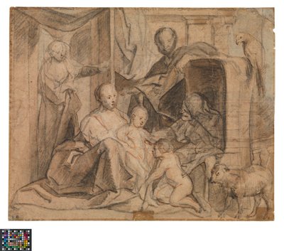 Tedesco: La Sacra Famiglia con Elisabetta e San Giovanni Battista (retro: door, doorway e Hermes)
Olandese: De Heilige Familie met Elisabeth en de kleine Johannes (retro: Deur, deuropening en Hermes) da Jacob Jordaens