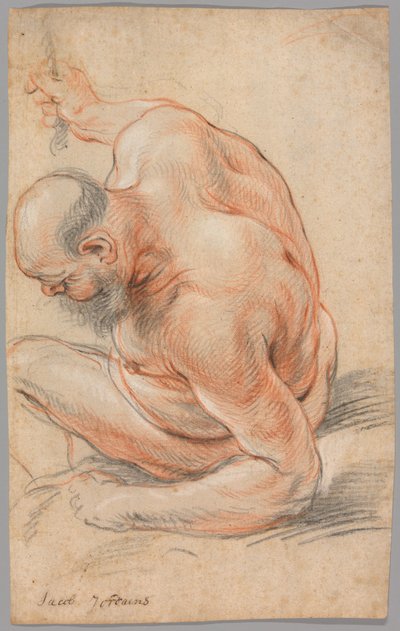 Vecchio nudo seduto, appoggiato sull