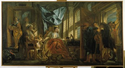 Penelope. La moglie di Ulisse che attende il marito respinge le avances dei pretendenti e continua la sua tela da Jacob Jordaens