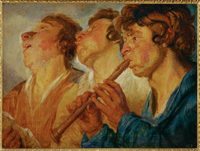 Tre musicisti erranti, due che cantano, un terzo che suona... (dipinto su tavola) da Jacob Jordaens