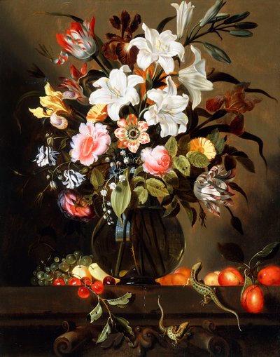 Un bouquet di fiori con frutta e due lucertole su un ripiano di pietra, 1647 da Jacob Marrel