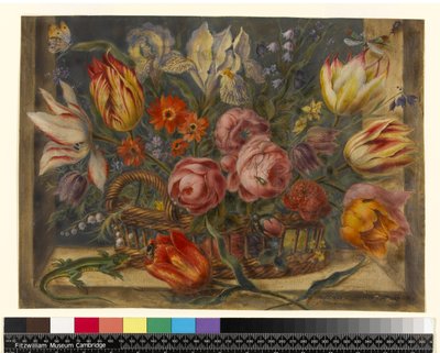 Studio di fiori: fiori assortiti in un cesto, con insetti e una lucertola in una finestra, 1634 da Jacob Marrel