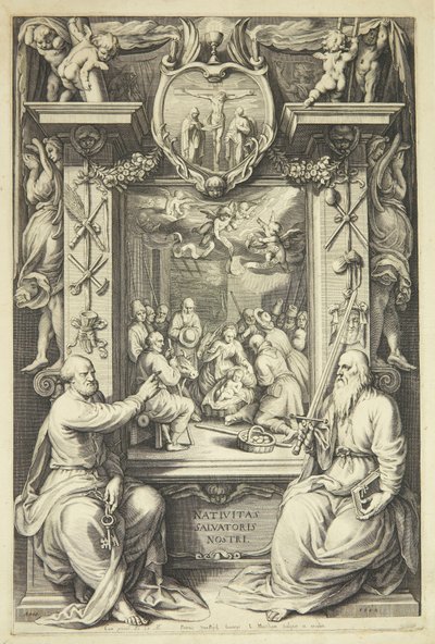 Adorazione dei pastori con Pietro e Paolo in una cornice allegorica da Jacob Matham