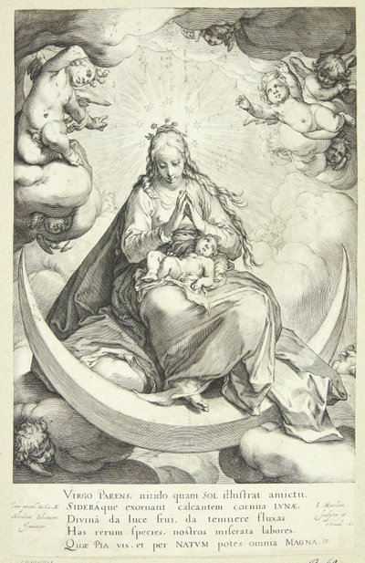 Vergine Maria con il Bambino Gesù sulla falce di luna, circondata da angeli da Jacob Matham