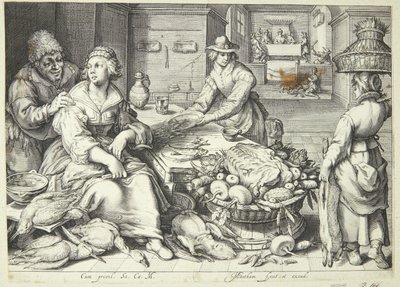 Scena di cucina con una cuoca che spenna il pollame da Jacob Matham