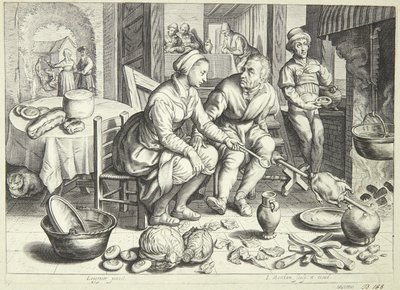 Scena di cucina con un uomo e una donna che arrostiscono un pollo da Jacob Matham