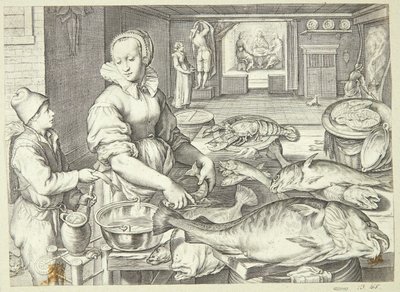Scena di cucina con una cuoca che pulisce il pesce da Jacob Matham