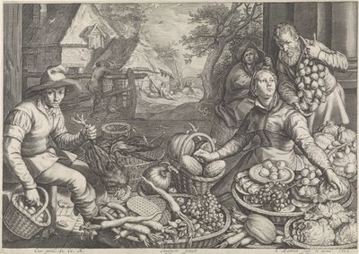 Scena di mercato e il riposo durante la fuga in Egitto da Jacob Matham