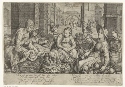 Scena di mercato con sullo sfondo la parabola dei lavoratori nella vigna, ca. 1600 da Jacob Matham