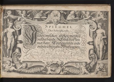 Frontespizio con cornice allegorica e titolo calligrafato da Jacob Matham