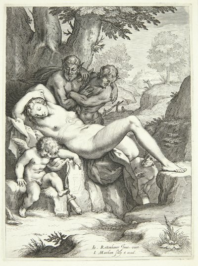 Venere e Cupido dormono e vengono osservati dai satiri da Jacob Matham