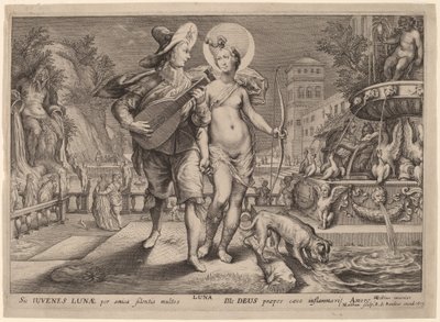 Diana come Luna che accompagna un giovane che fa una serenata da Jacob Matham, after Hendrik Goltzius