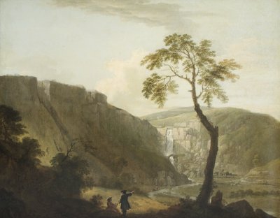 Paesaggio roccioso con cascata e artista seduto in primo piano da Jacob More