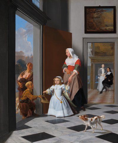 Una bambinaia e un bambino in un elegante atrio da Jacob Lucasz Ochtervelt