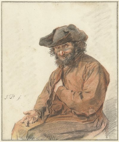 Uomo seduto con lunghi capelli ricci e cappello nero da Jacob Perkois