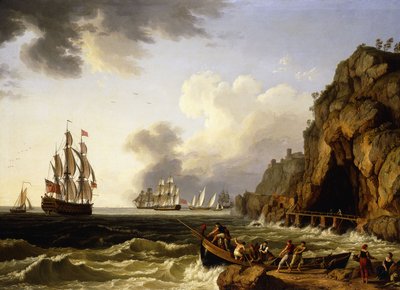 Una vista della costa vicino a Napoli con una nave da guerra reale britannica a tre ponti che sventola la bandiera di un vice ammiraglio del rosso da Jacob Philippe Hackert