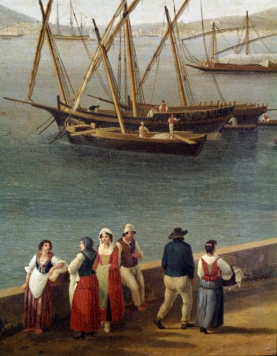 Gruppi di persone sul molo del porto di Gaeta (dettaglio) da Jacob Philippe Hackert