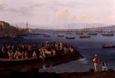 Il Golfo di Napoli vicino a Santa Lucia che mostra le flotte navali di ritorno da Algeri da Jacob Philippe Hackert