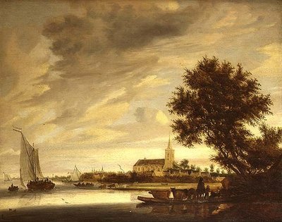Paesaggio fluviale con un traghetto in primo piano da Jacob Salomonsz. (circle of) Ruysdael