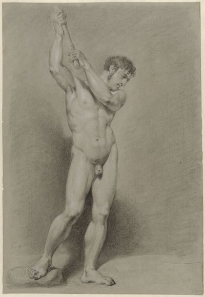 Nudo maschile in piedi con un bastone sopra la testa da Jacob Smies