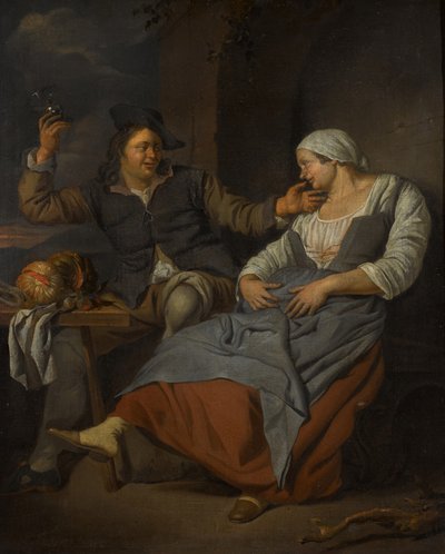 Una coppia seduta che beve vino da Jacob Toorenvliet