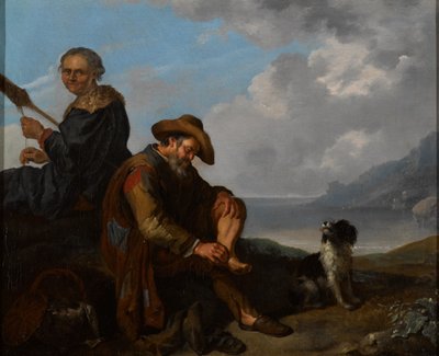 Paesaggio costiero meridionale con una coppia di figure e un cane da Jacob Toorenvliet