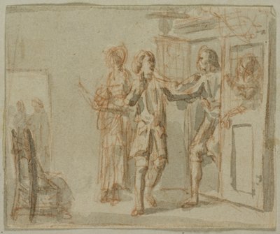 Illustrazione letteraria: Due uomini e una donna in un interno da Jacob Wilhelm Mechau
