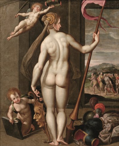 Minerva che tiene una lancia mentre viene incoronata con alloro da un putto da Jacob de (studio of) Backer