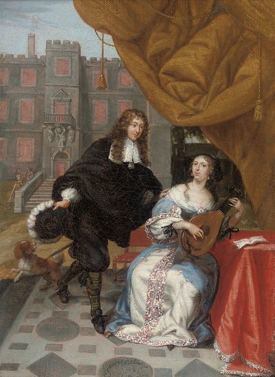 Un gentiluomo che corteggia una dama che fa musica in un cortile, 1668 da Jacob de Fourmentrou