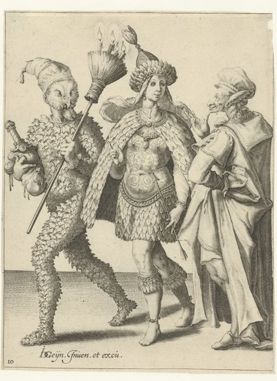 Tre figure mascherate, una con una scopa con candele da Jacob de Gheyn (II) (workshop of)