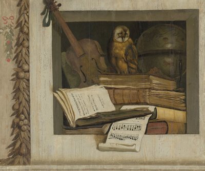 Natura morta con libri, spartiti, violino, globo celeste e un gufo da Jacob van Campen