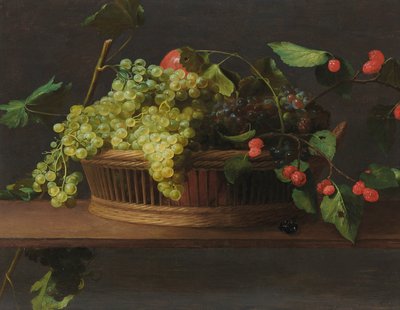 Un cestino di uva e lamponi su un cornicione da Jacob Van Es