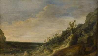 Paesaggio montano con vista su un fiume e il mare da Jacob van Geel