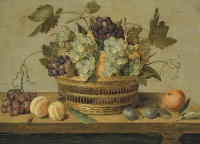 Nettarine e uva in un cesto su un tavolo, con prugne, arance, una farfalla e uno scarabeo da Jacob van Hulsdonck