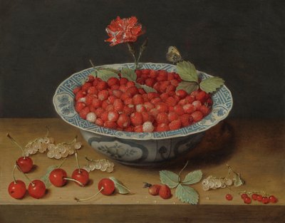 Fragole selvatiche e un garofano in una ciotola Wan-Li, c. 1620 da Jacob van Hulsdonck
