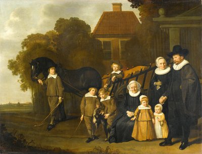 Ritratto di gruppo della famiglia Meebeeck Cruywagen al cancello della loro casa di campagna sull