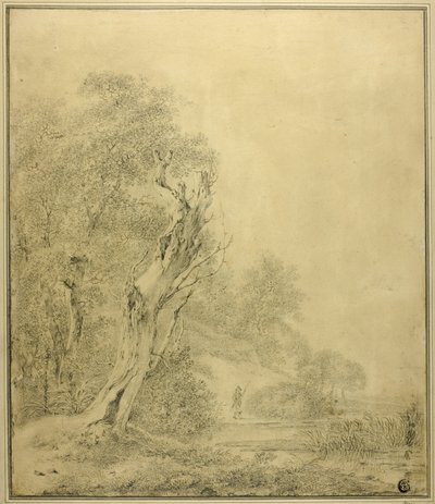 Albero morto in riva al mare, figura che si avvicina con un palo da Jacob van Ruisdael