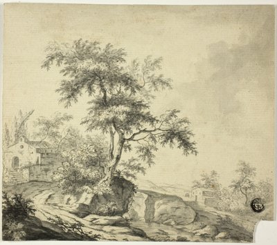 Paesaggio con albero sulla strada verso gli edifici da Jacob van Ruisdael