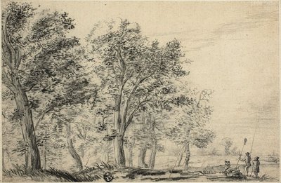 Paesaggio Fluviale Boschivo con Tre Persone che Pescano da Jacob van Ruisdael