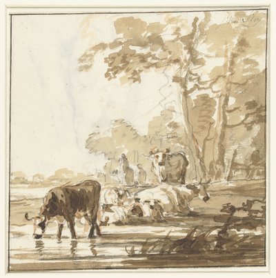 Bestiame che riposa al margine di un bosco vicino a uno stagno da Jacob van Strij