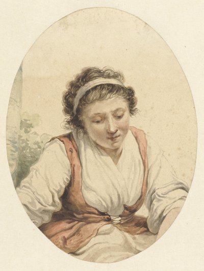 Donna con gilet rosso e nastro bianco nei capelli da Jacob van Strij