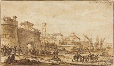 Scena costiera con una città fortificata da Jacob van der Ulft
