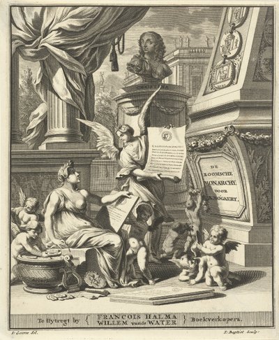 Pagina del titolo per A. Bogaert, De roomsche monarchy, vertoont in de muntbeelden der westersche en oostersche keizeren, Utrecht 1697 da Jacobus Baptist