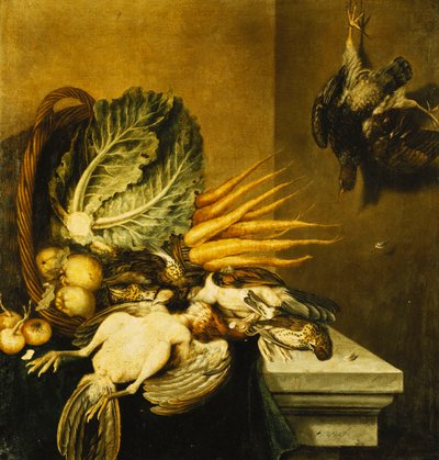 Un cesto rovesciato di volatili, rape, mele, cipolle e un cavolo su un davanzale drappeggiato con un panno verde da Jacobus Biltius