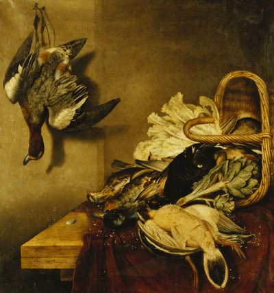 Un cesto rovesciato di volatili, una lepre, un carciofo e lattuga su un ripiano drappeggiato con un panno rosso da Jacobus Biltius