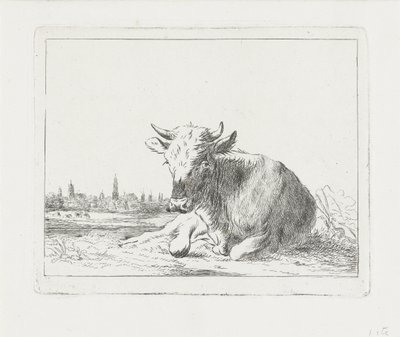 Mucca sdraiata, con una città sullo sfondo da Jacobus Cornelis Gaal
