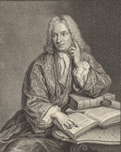 Mezzobusto di Hendrik Snakenburg seduto a un tavolo con alcuni libri da Jacobus Houbraken