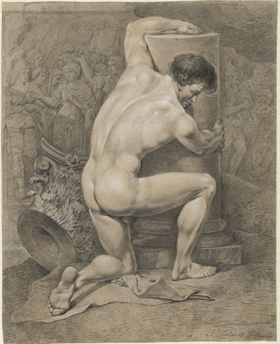 Nudo maschile inginocchiato, con le braccia attorno a una colonna da Jacobus Johannes Lauwers