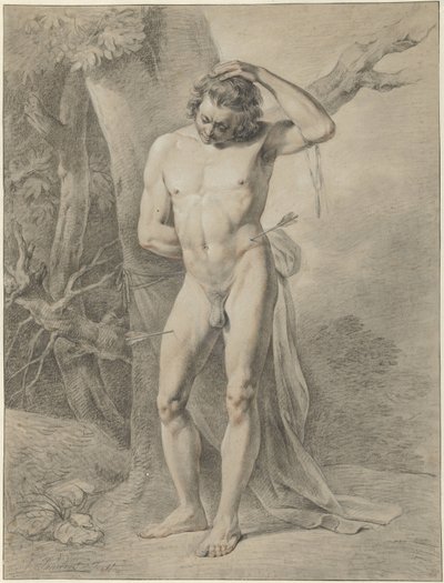 Nudo maschile in piedi, davanti a un albero da Jacobus Johannes Lauwers