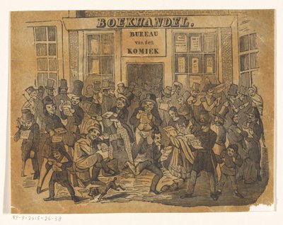 Folla davanti a una libreria per ottenere De Komiek da Jacobus Wilhelmus Adrianus Hilverdink (possibly)